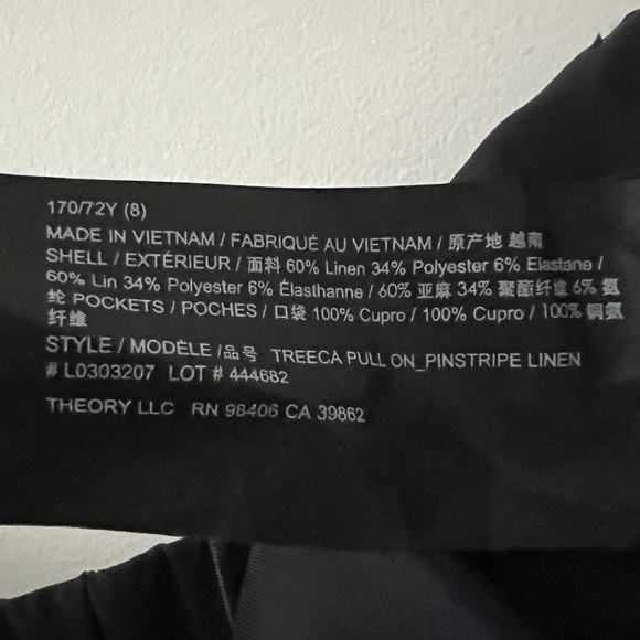 Theory Navy Slim Pinstripe Linen Pull-On Cropped Pants in Size US 8 - Picture 4 of 4